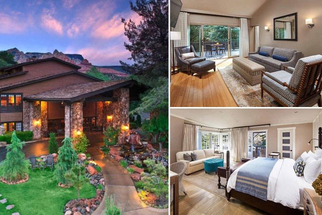 A collage of three hotel photos to stay in Sedona: a sprawling estate with rustic stone accents set against a twilight mountain backdrop, a sunlit living room with hardwood floors and outdoor deck access, and a spacious bedroom featuring a grand four-poster bed and French doors leading to a serene terrace